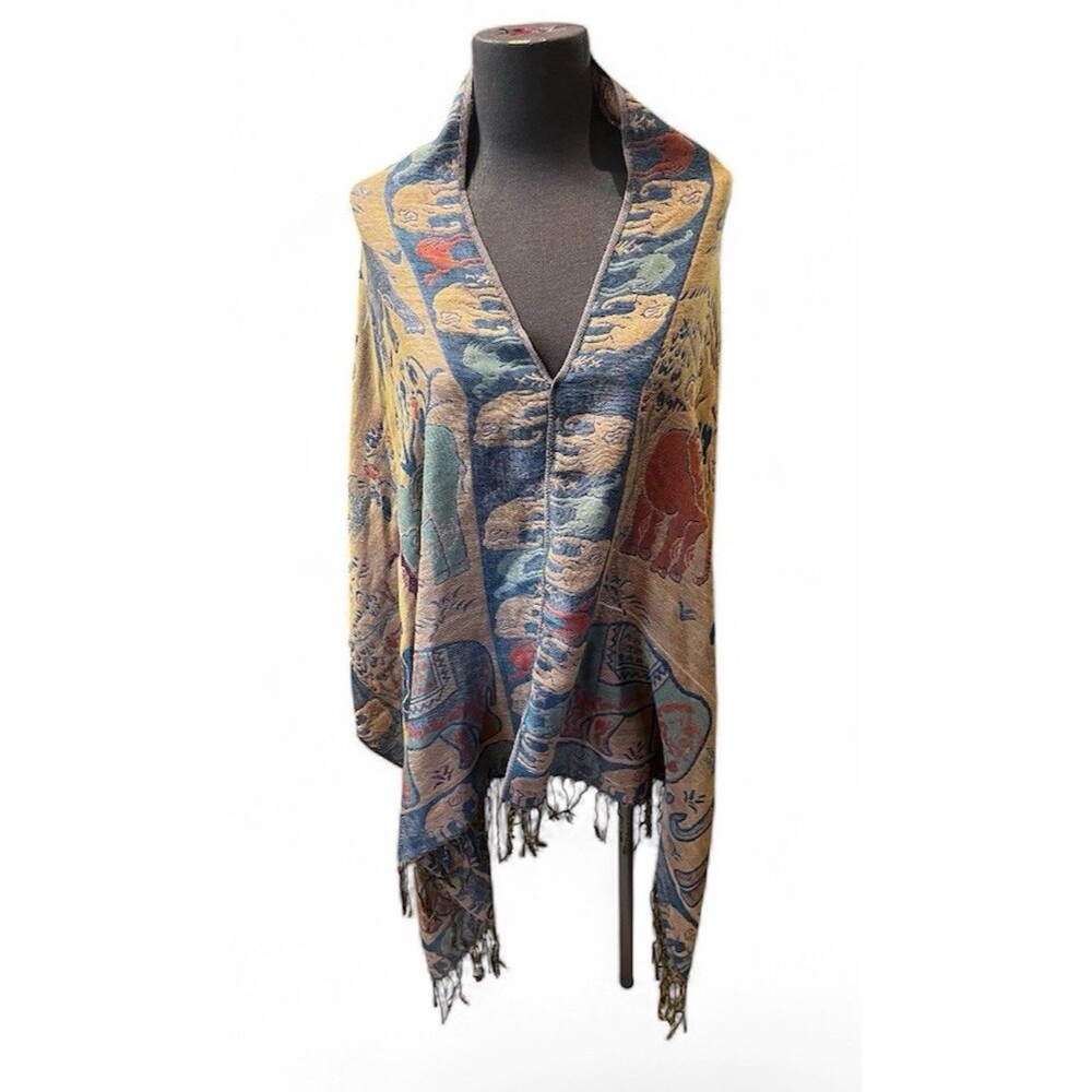 Unbranded Poncho Women's (no Tags)  V-Neck Fringe Elephant Camel Design Multicol
